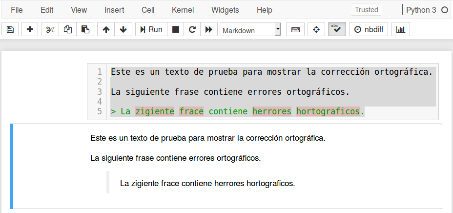 Ejemplo de corrección ortográfica en Jupyter Notebook.